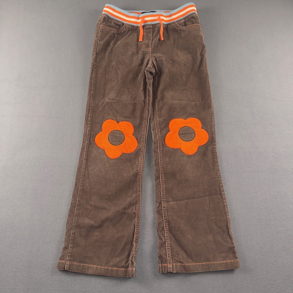 Mini Boden Girls Brown Corduroy Flower Patch Pants Size 12Y Striped Waistband